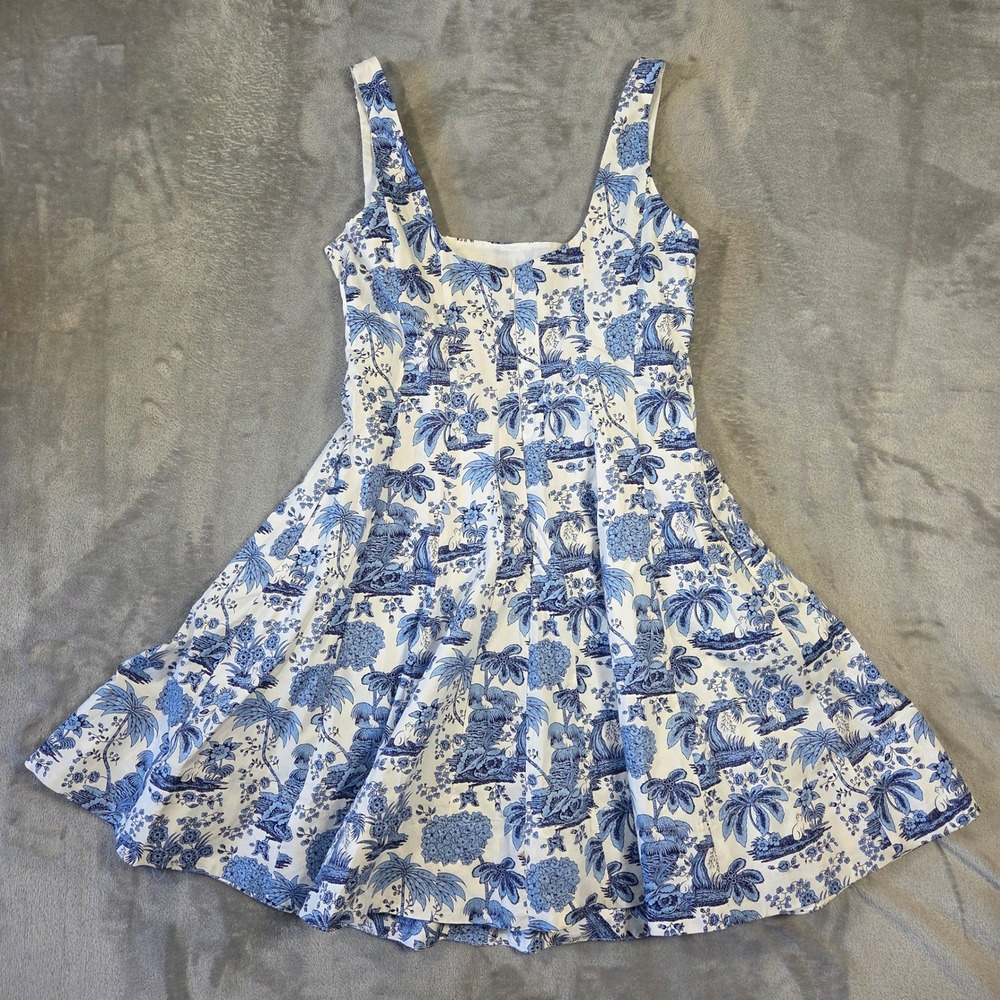 Cynthia Rowley Blue White Tropical Print Fit Flare Dress Womens 10 Preppy Beach - Picture 8 of 9